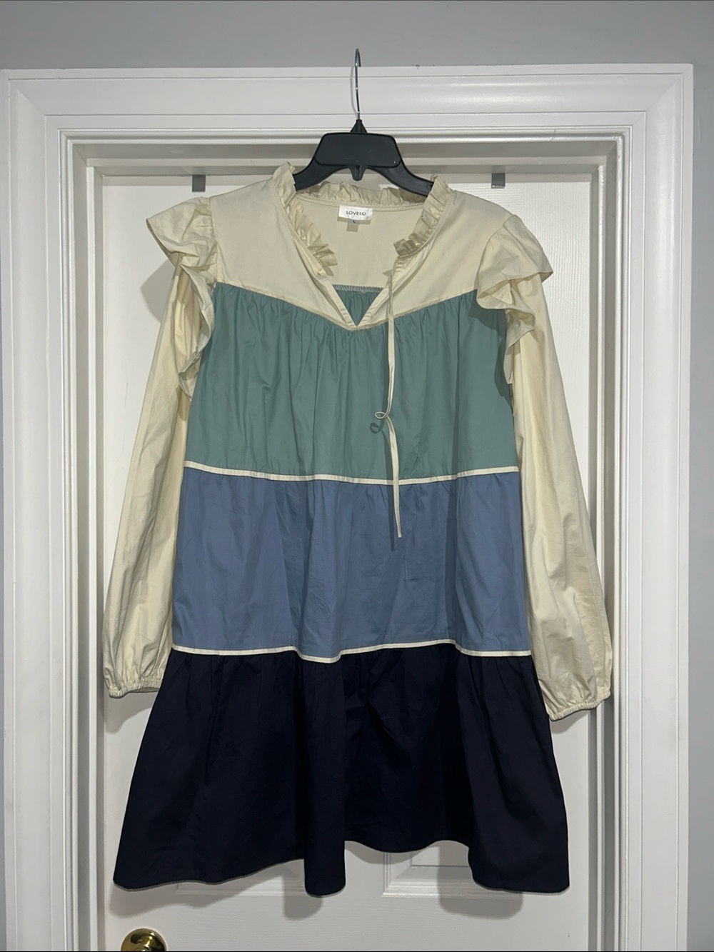 Colorblock Ruffled Yoke Dress in Cream, Sage, Blue, Navy